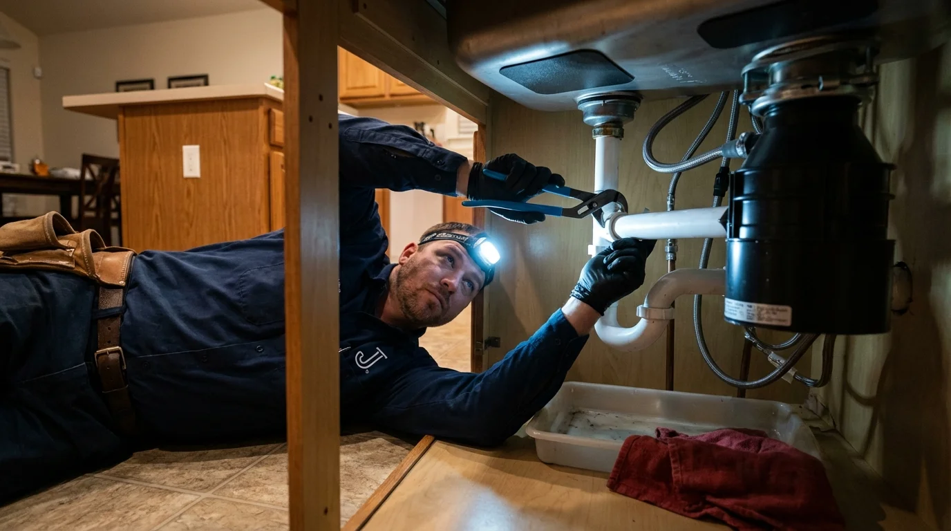 P-trap and supply line connections under a kitchen sink showing a common leak point in Jordan, MT
